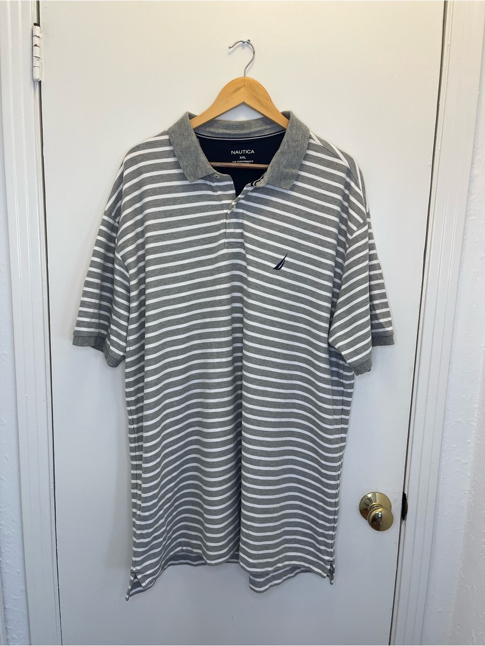 Nautica Men’s The Performance Deck Shirt Gray & White Striped Polo